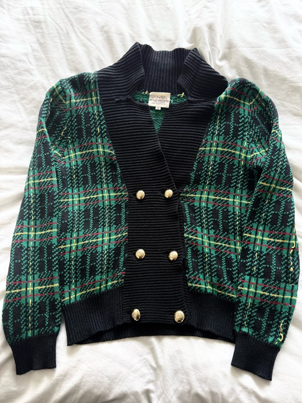 Vintage Sweater - Susan Bristol Black & Green Plaid Cardigan